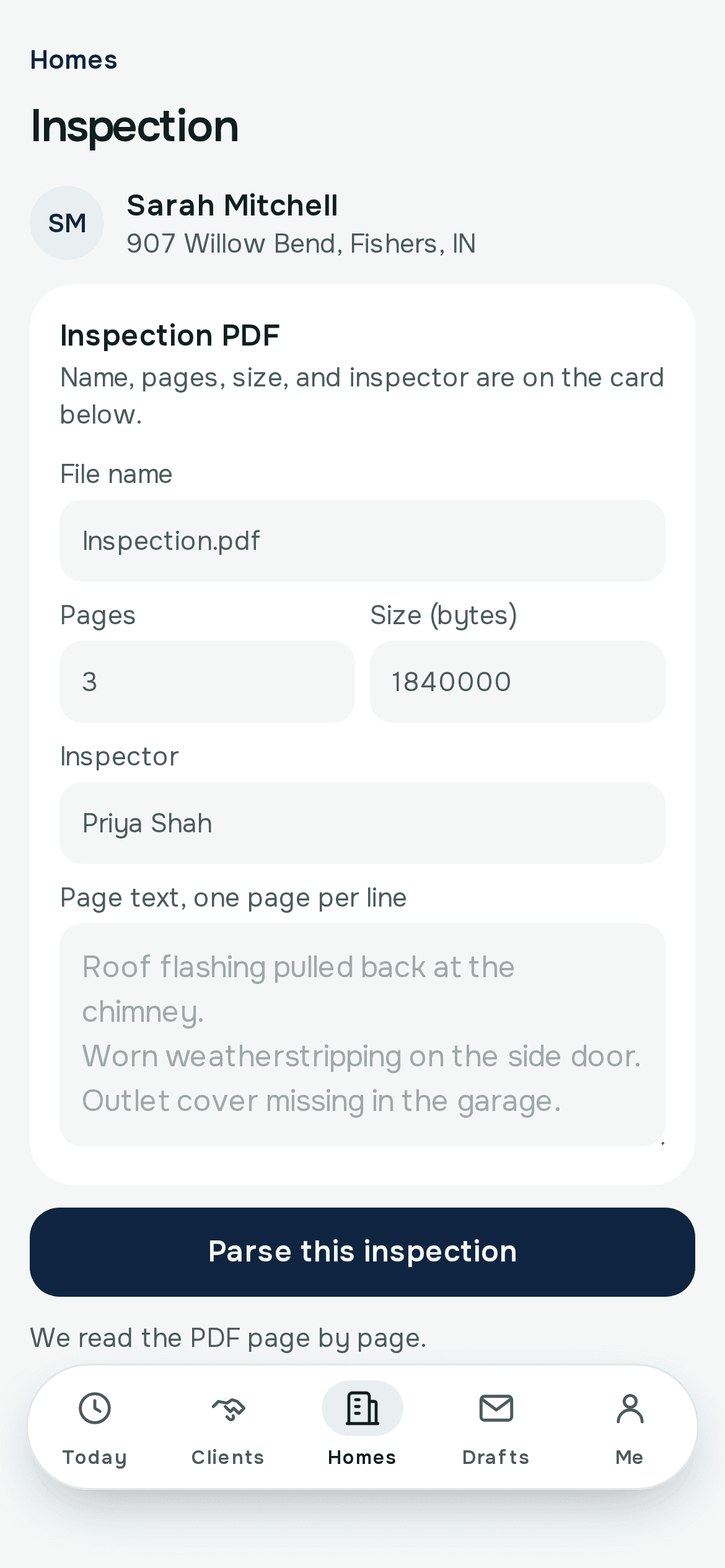 Inspection upload for Sarah Mitchell, 907 Willow Bend, Fishers, IN. The form shows file name Inspection.pdf, 3 pages, size 1840000 bytes, inspector Priya Shah, and a Parse this inspection button.