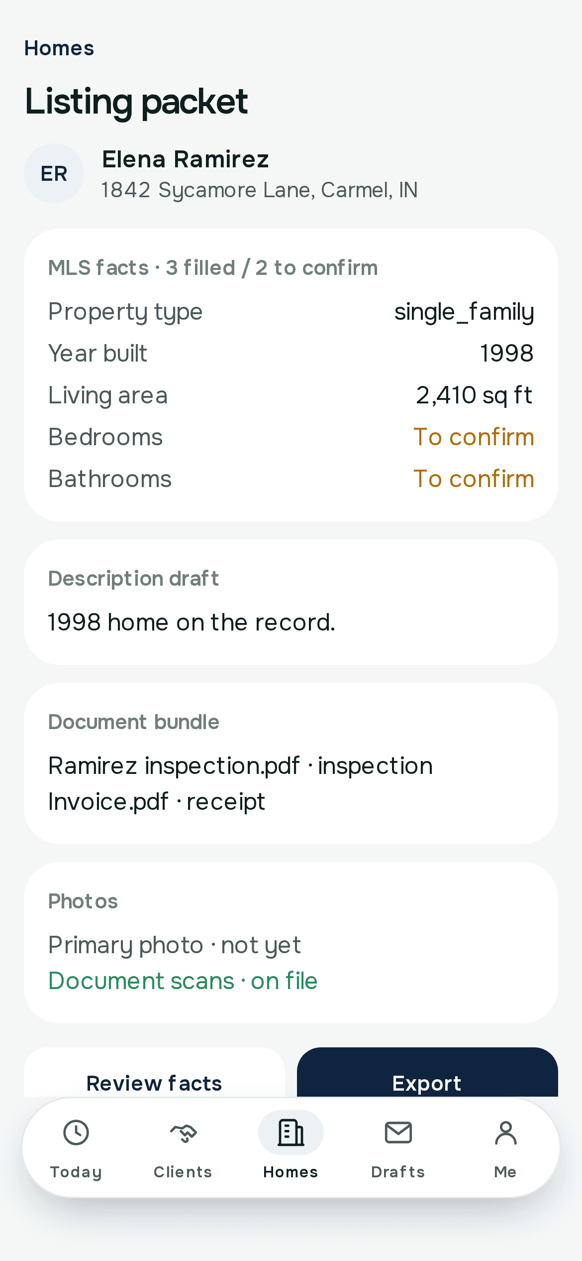 Listing packet for Elena Ramirez, 1842 Sycamore Lane, Carmel, IN. MLS facts, 3 filled and 2 to confirm: single family, built 1998, 2,410 square feet. Bedrooms and bathrooms still to confirm. Description draft starts 1998 home on the record. Documents are Ramirez inspection.pdf and Invoice.pdf.