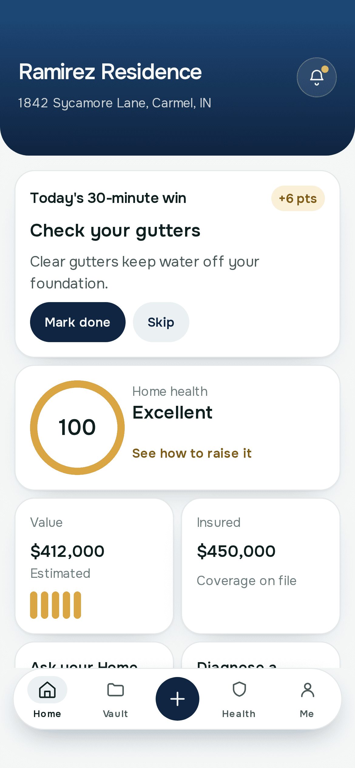 Homeowner home for Ramirez Residence, 1842 Sycamore Lane, Carmel, IN. Today's 30-minute win is check your gutters, plus 6 points. Home health 100, Excellent. Value $412,000. Insured $450,000.