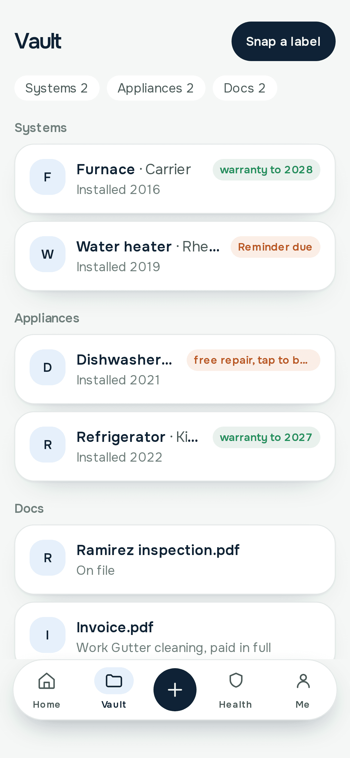 Homeowner vault with Systems 2, Appliances 2, and Docs 2. Furnace by Carrier, warranty to 2028. Water heater with a reminder due. Dishwasher marked free repair, tap to book. Refrigerator, warranty to 2027. Docs are Ramirez inspection.pdf and Invoice.pdf for gutter cleaning, paid in full.
